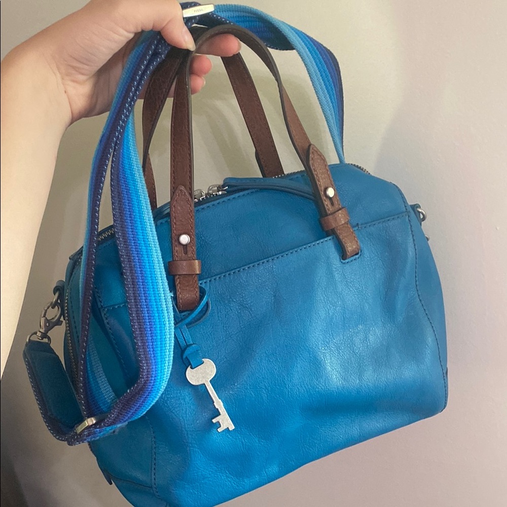 Fossil Blue Leather Handbag with Brown handles